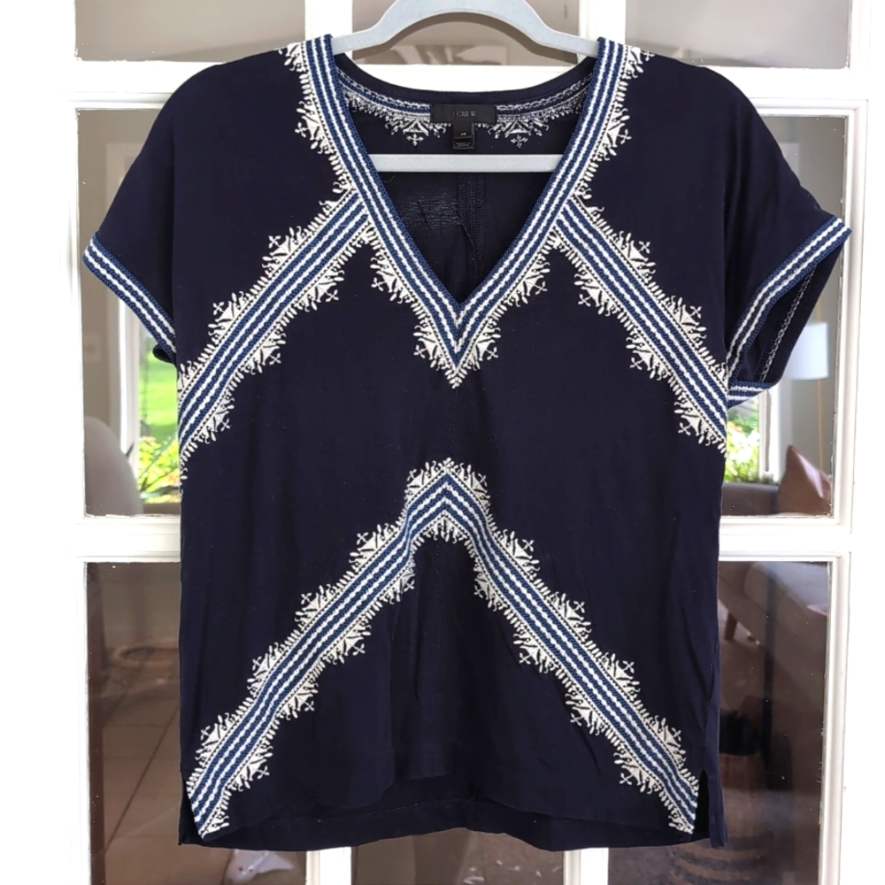 Women's XS J. Crew Blue Embroidered Short Sleeve Tshirt Top